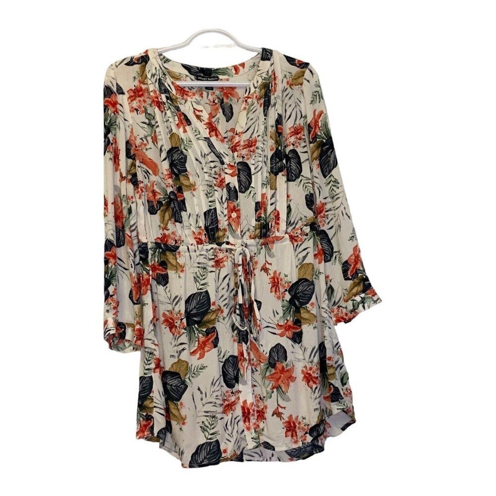 Hilary Radley Women's Medium Floral Button Rayon Blouse Tie Waist Cottage Core﻿